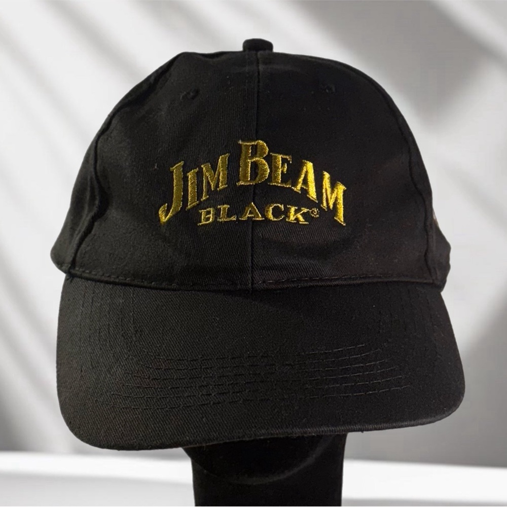Jim Beam Black Bourbon Baseball Hat Cap Adjustable Black Gold Strapback EUC